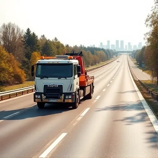 A realistic scene of a modern tow truck (evakuator) driving on the Leningrad Highway near Moscow, with the highway stretching into the distance, surrounding trees and a hint of urban skyline in the background. The tow truck should be the focal point, showing its hook and platform, with a clear view of the vehicle's structure and wheels. The atmosphere is bright daylight, with realistic lighting and shadows, emphasizing the vehicle and the road. No text, letters, or numbers should appear in the image.