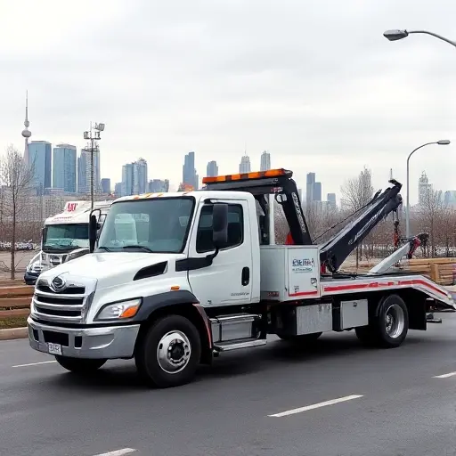 A modern tow truck parked on a street in the Northern District of Moscow, with the city skyline in the background, no text or signage, no people, no other vehicles.