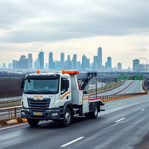 A tow truck parked on Afanasyevskoye highway in Moscow, with the city skyline in the background, no people, no other vehicles, no text or logos