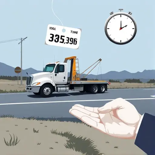 A tow truck parked on a roadside with a floating price tag above it, a clock indicating idle time, and a hand offering payment, all depicted without any text, letters, or numbers