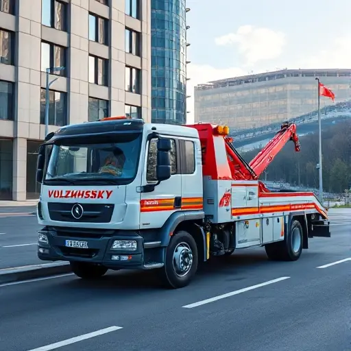 A realistic depiction of a Volzhsky brand tow truck parked on a city street, with a modern design, bright paint, and a clear reflection of the surrounding buildings. The scene should include a subtle hint of the Volzhsky region's landscape in the background, such as a river or forest, but no text or logos.
