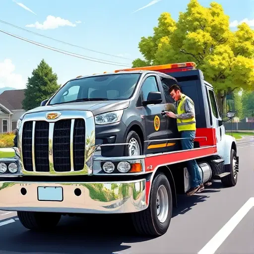 A bright, detailed illustration of a professional tow truck in action in a small town setting. The tow truck is modern, with a polished chrome bumper and a clear company logo (but no text). A car is being safely towed on a flatbed. The driver, wearing a reflective vest, is assisting a relieved customer standing beside the vehicle. The background shows a calm suburban street with trees and a few houses, conveying safety and reliability. The scene is sunny with clear skies, emphasizing a positive, trustworthy service.