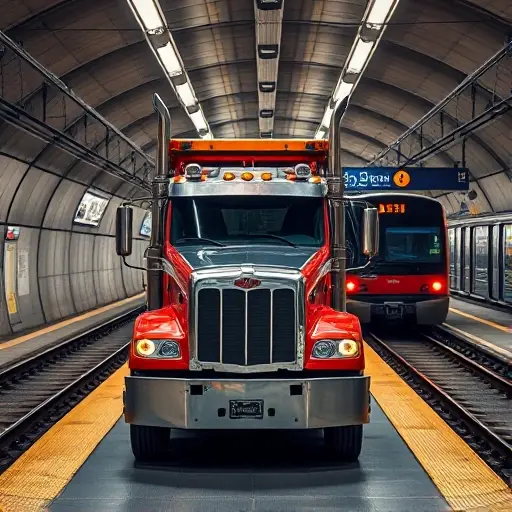 эвакуатор метро A tow truck parked in an underground metro station, pulling a metro train through the tunnel. The scene shows the tow truck's front, the train's front, and the station environment with tracks, platform, and station signage. The lighting is realistic with an industrial feel.