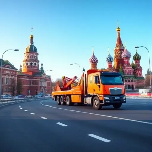 A realistic scene of a tow truck driving through Moscow streets, with recognizable Moscow landmarks such as the Kremlin dome and St. Basil's Cathedral in the background, showing a clear road and distance markers indicating transport distance, under a bright sky