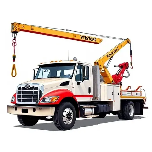 A tow truck with a crane manipulator, depicted in a realistic style, showing the vehicle's front and side with the crane arm extended, no people or other vehicles in the background, no text or lettering, no digits, no logos, a clear sky or neutral background, emphasizing the mechanical details of the crane and the tow truck's body.