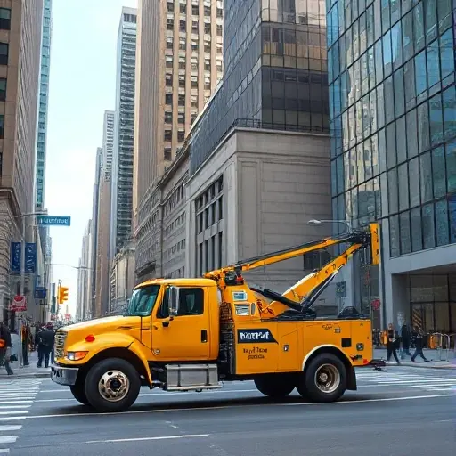 номер эвакуатора город A bright yellow tow truck parked on a bustling city street, surrounded by tall skyscrapers, traffic lights, and pedestrians walking, all depicted in a realistic, detailed style