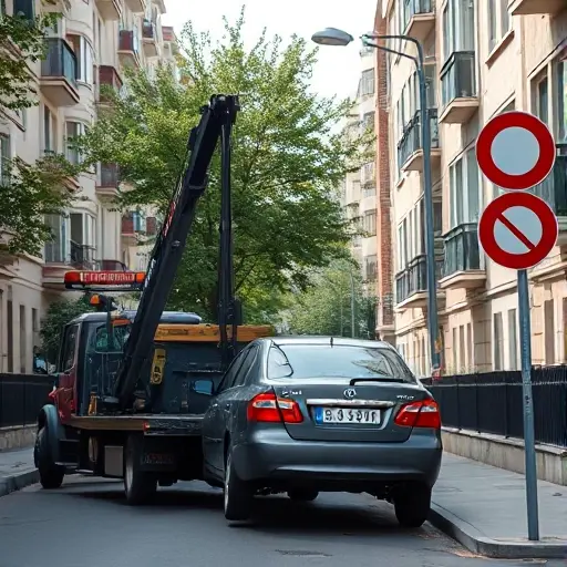 A realistic urban scene in Medvedkovo, Moscow, showing a tow truck lifting a parked car from a narrow residential street. The street is lined with typical Moscow apartment blocks, street trees, and a simple red no‑parking symbol on a pole. The atmosphere is daytime with soft shadows, emphasizing the tension of illegal parking and city enforcement without any visible text, letters, or numbers.