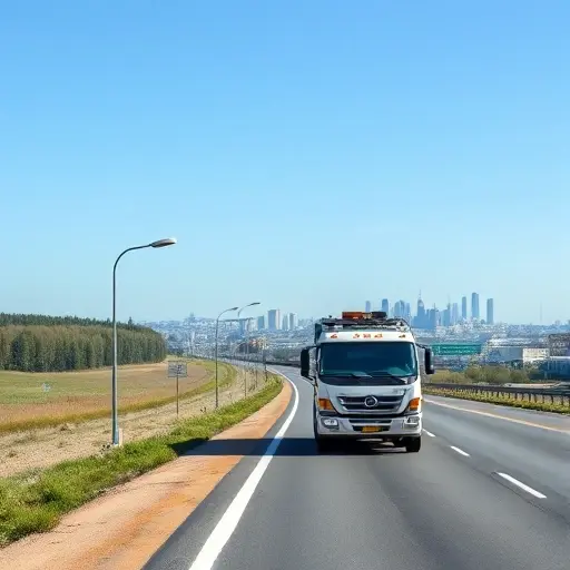 A realistic tow truck (evacuator) driving along a highway that connects the city of Penza to Moscow, with the Russian countryside on one side and the silhouette of Moscow's skyline in the distance, under a clear sky; the scene should convey a sense of a long-distance transport journey, focusing on the vehicle and the road, without any text, letters, or numbers