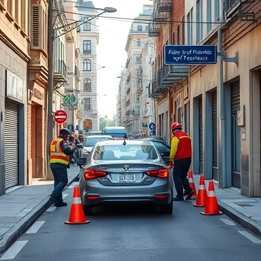 A realistic scene of a car being safely evacuated from a busy urban alley named 'Alley of Friendship of Peoples', with emergency responders guiding the vehicle, traffic cones, and a clear path cleared for the car, under a bright daytime sky, focusing on the coordination and movement without any textual signs or numbers