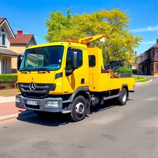 Эвакуатор в районе Марьина Роща: Полное руководство A bright yellow tow truck parked on a quiet residential street in Mar'ina Roscha, with rows of modest houses on either side, a small green park in the background, and a clear blue sky. The tow truck should be prominently displayed, with its hydraulic arm extended, and a reflective surface showing the surrounding scenery. The scene should convey a calm, everyday urban environment.