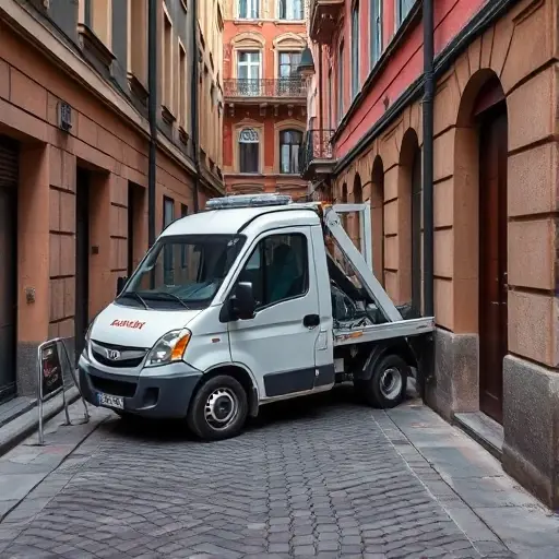 A compact tow truck parked in a narrow Moscow alley, with a small car partially stuck in the limited space, surrounded by close city buildings and cobblestone pavement, showing the difficulty of maneuvering in tight urban streets. The scene should emphasize the cramped environment and the tow truck’s small size, without any text or signage visible.