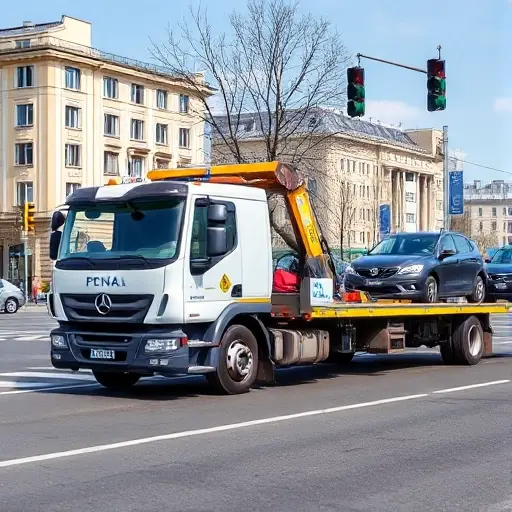 A tow truck parked on Bolshaya Cheremushkinskaya Street, with a car being towed on a city street background. The scene shows the tow truck’s front and side, the towed vehicle partially hooked, and the surrounding urban environment with buildings, traffic lights, and a clear sky. No text, letters, or numbers should appear in the image.