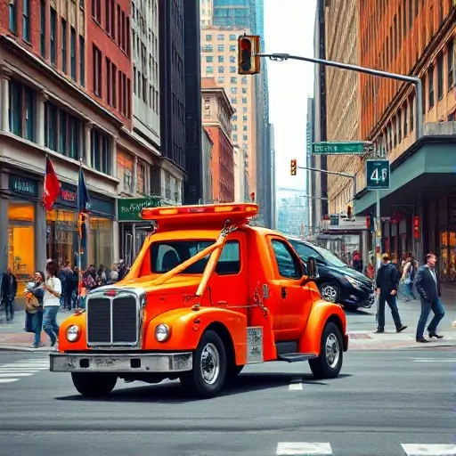 A realistic depiction of a tow truck parked on a bustling city street, with a car being towed. The scene shows a busy urban environment with buildings, traffic lights, and pedestrians. The tow truck is in a bright color, with a visible towing hook attached to the rear of the car. The street is lined with storefronts and a subtle street sign indicating "4th Street" in the background, but no text or letters are directly visible in the image. The overall composition captures the moment of a tow truck ready to assist, with a sense of motion and urgency.