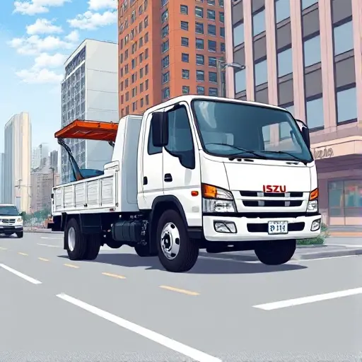 эвакуатор исузу A realistic smallHQ style illustration of an Isuzu tow truck parked on a city street, with the vehicle's distinctive cab and trailer visible, surrounded by urban buildings and a clear sky. The focus is on the tow truck's design and details, with no text or signage in the scene.