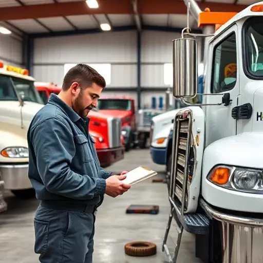 A tow truck owner in a workshop, examining different tow trucks and technical equipment, focusing on the selection process, with a clear view of the trucks and tools, no text or lettering