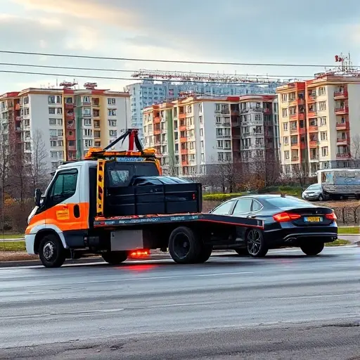 A tow truck in the Butovo district of Moscow, pulling a car whose wheels are locked, with the cityscape and residential buildings in the background, realistic lighting and detailed vehicle textures, no text or signage