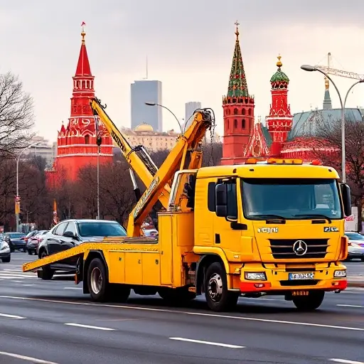 A bright yellow towing truck with a crane pulling a car on a Moscow street, with iconic red Moscow skyline in the background, no text or letters