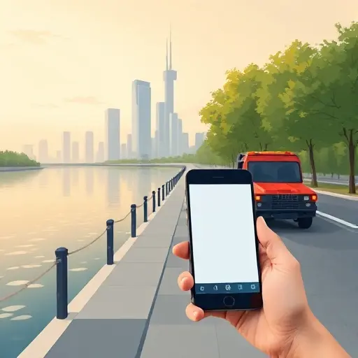 A realistic illustration of a tow truck parked on Berezhkovskaya embankment, with a calm river flowing beside it and a modern city skyline in the background. The scene should include subtle reflections on the water, trees lining the promenade, and a smartphone held by a person in the foreground, displaying a generic tow service app interface without any visible text or numbers. The overall mood is calm and professional, emphasizing the convenience of online tow services.