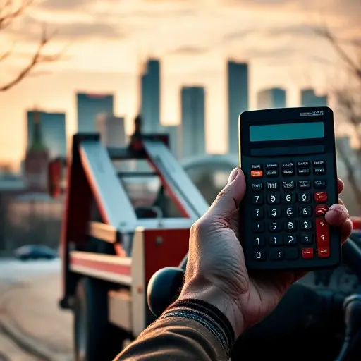 A tow truck parked in front of the Moscow skyline with a calculator prominently displayed on its dashboard or held in the driver's hand, the scene bathed in warm evening light, no text or numbers visible