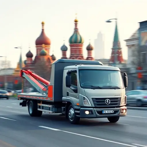 Эвакуатор Москва: Дешево, Быстро, Надежно – Полный Гид A modern tow truck driving through a recognizable Moscow street scene with iconic landmarks such as the Kremlin silhouette in the background, conveying speed, reliability, and affordability in a clean composition, without any text or signage