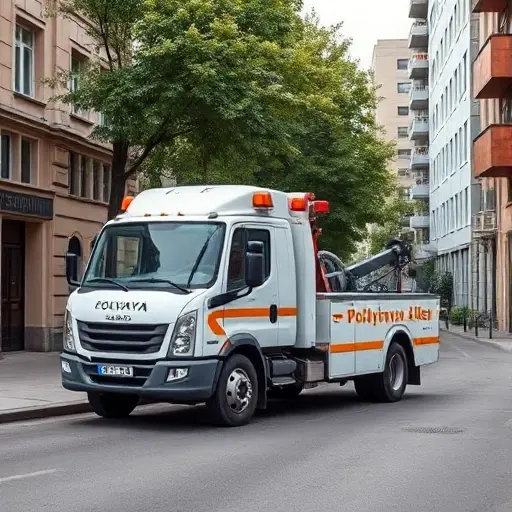 Эвакуатор на 2-й Полевой аллее: Полное руководство A realistic tow truck (evacuator) parked on a quiet urban street named 2nd Polyevaya Alley, with surrounding buildings, trees, and a paved road, showing the vehicle's details and the street environment without any text or signage