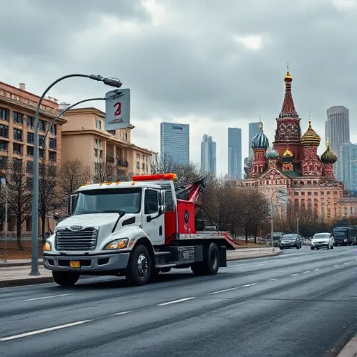 цены на эвакуатор в москве и области A realistic scene showing a tow truck parked on a city street with the Moscow skyline in the background, a road with a subtle price tag icon floating nearby (no numbers or letters), and a calm urban atmosphere