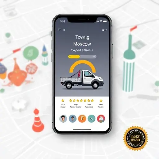 A modern smartphone screen displaying a sleek tow truck service app interface over a stylized map of Moscow, featuring a prominent tow truck icon, a visual rating gauge represented by stars, and a subtle badge indicating trustworthiness, rendered in a clean, high‑resolution smallHQ style without any textual labels