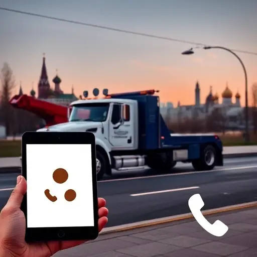 A tow truck parked on a street with a subtle backdrop of Moscow and Ryazan skylines, a digital tablet or smartphone in the foreground displaying a stylized form icon, a phone handset icon suggesting contact details, all rendered without any visible text, letters, or numbers