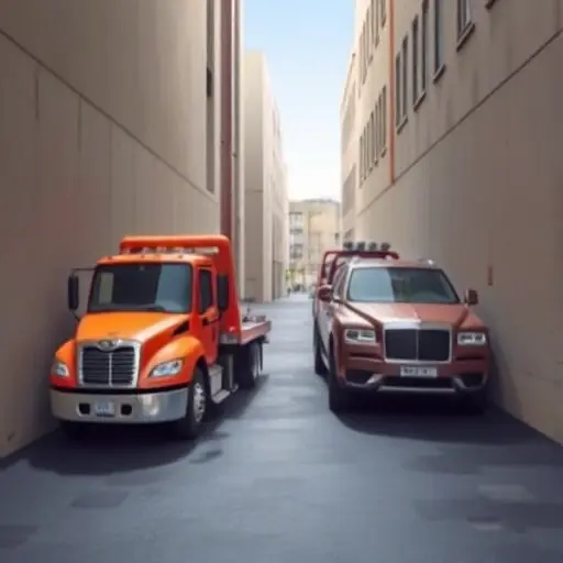 A realistic depiction of a tow truck parked in a narrow alley, with a car being towed, showing the vehicle type, no text or lettering