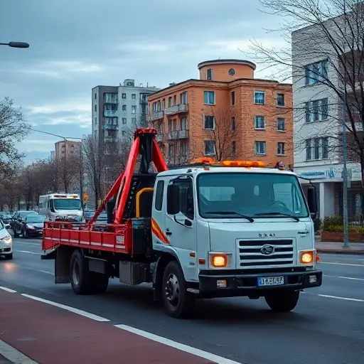 A tow truck parked on a busy street in a popular district of Nizhny Novgorod region, with city buildings and a subtle hint of the Volga River in the background, no people, no text
