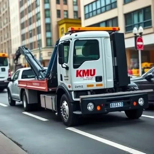 A modern tow truck with a distinctive KMU emblem on its side, parked on a city street. The truck is in motion, towing a vehicle behind it. The background shows a bustling urban environment with buildings and traffic. The scene is captured from a slightly elevated angle, highlighting the truck's sleek design and the dynamic action of towing.