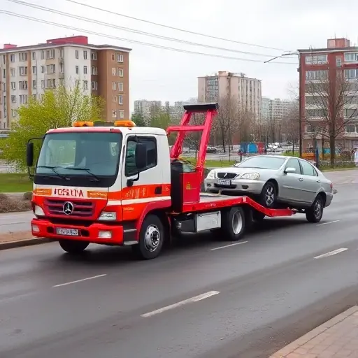 A tow truck in Tobolsk, with a vehicle being towed, set against a cityscape background, no text, letters, or digits