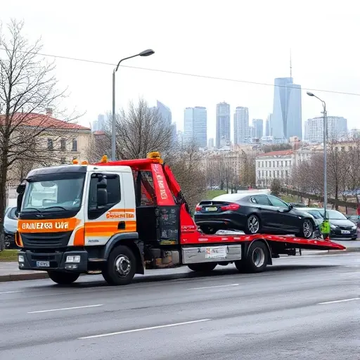 A tow truck parked on a Moscow street in the Basmanny district, with a car being towed, city skyline in background, no text or digits