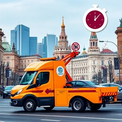 A modern, brightly colored tow truck parked on a bustling Moscow street, with a small clock icon indicating quick response, a car being towed, and the iconic Moscow skyline in the background, all depicted in a clean, realistic style.