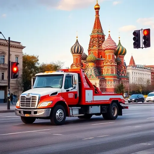 A tow truck parked on a Moscow street, with iconic Moscow architecture such as the Kremlin or St. Basil's Cathedral in the background, red traffic lights, and a clear sky. The scene should emphasize the tow truck's presence on the road without any other vehicles or pedestrians, and no text or lettering should be visible.