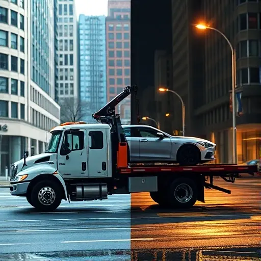 A professional tow truck with a crane and a flatbed, positioned in a city street scene that transitions from daylight on one side to nighttime on the other, illustrating 24‑hour service. The truck is actively loading a small car onto its platform, with city buildings, streetlights, and subtle reflections on wet pavement. The composition emphasizes reliability and readiness at any hour, without any text, logos, or visible brand markings.