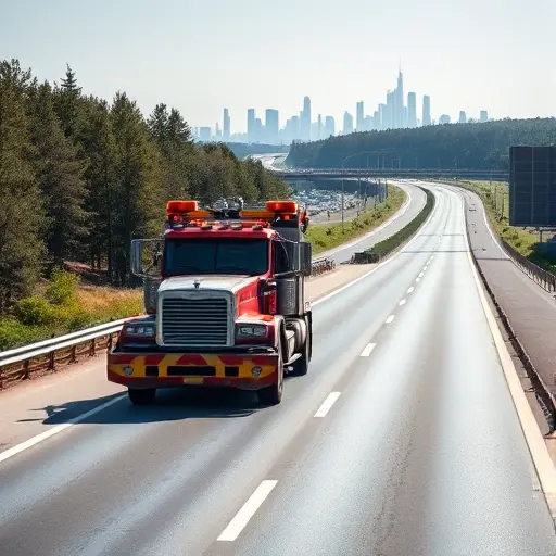 Эвакуатор Москва Новорижское шоссе: Полное руководство A realistic scene of a tow truck on the Novorizhskoye Highway near Moscow, with the highway stretching into the distance, surrounding trees and a hint of the Moscow skyline in the background. The tow truck is prominently positioned, showing its hook and lights, but without any text, logos, or signage. The atmosphere is clear daytime with natural lighting, emphasizing the vehicle and the road.