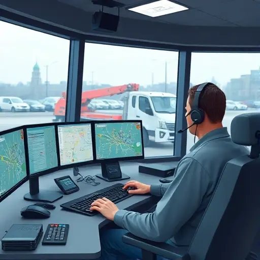 A modern dispatch center in Moscow showing a focused operator seated at a console with multiple screens displaying city maps and tow truck locations, a headset on, and a view through a window of a tow truck parked outside the building, all rendered in a realistic yet compact high-quality style