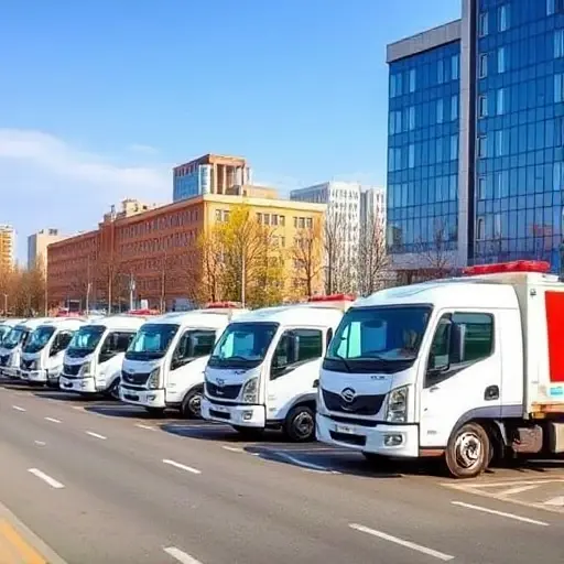 A modern fleet of tow trucks parked on a clean urban street in Moscow's North-West district, with contemporary city buildings in the background, showcasing a variety of sleek, well-maintained vehicles under bright daylight, realistic yet compact composition