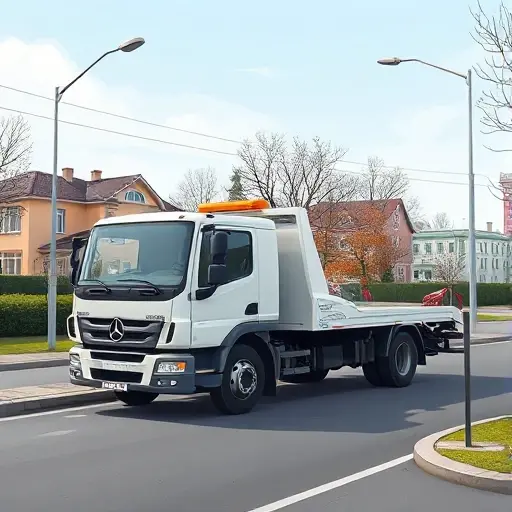 Эвакуатор в Лосиноостровском районе Москвы: Полное руководство A realistic illustration of a modern tow truck parked on a quiet residential street in the Losinoostrovsky district of Moscow, with typical Russian suburban houses in the background, a clear sky, and subtle street signage indicating the district, no text or lettering visible.