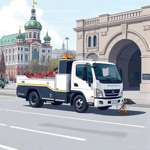A realistic yet compact illustration of a modern tow truck parked on a Moscow street, with recognizable Russian architecture in the background such as a classic building or a metro entrance, showing the vehicle's hook and platform, under a clear sky, without any text or logos.