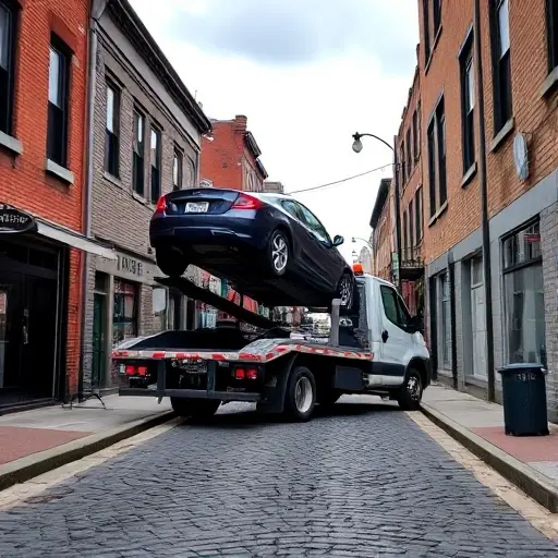 A realistic scene of a tow truck (evacuator) parked in a narrow Eastern alley (3rd Eastern Lane) with a compact car being lifted onto the truck's platform, surrounded by typical urban buildings, streetlights, and a cobblestone road, under a slightly overcast sky. The focus is on the vehicle and the alley environment, with no visible text, logos, or signage.