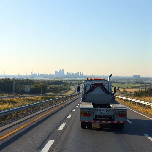A tow truck traveling along a scenic Russian highway from Stavropol to Moscow, with a clear view of the vehicle, road, and distant city skyline, no text or letters