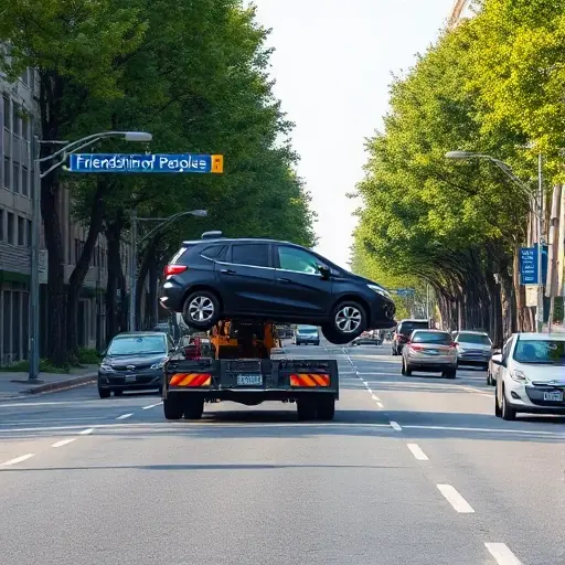 A realistic scene of a car being towed on a wide urban avenue called Friendship of Peoples, with a tow truck lifting the vehicle, surrounding traffic, trees lining the street, and a clear sky, illustrating the vehicle evacuation process without any visible text or signage.