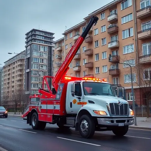 A realistic 24/7 tow truck service scene in Moscow's North-Eastern Administrative Okrug, showing a sturdy tow truck with a crane arm parked on a city street near typical Moscow apartment buildings, with subtle hints of both day and night to convey round‑the‑clock availability, without any text, logos, or signage
