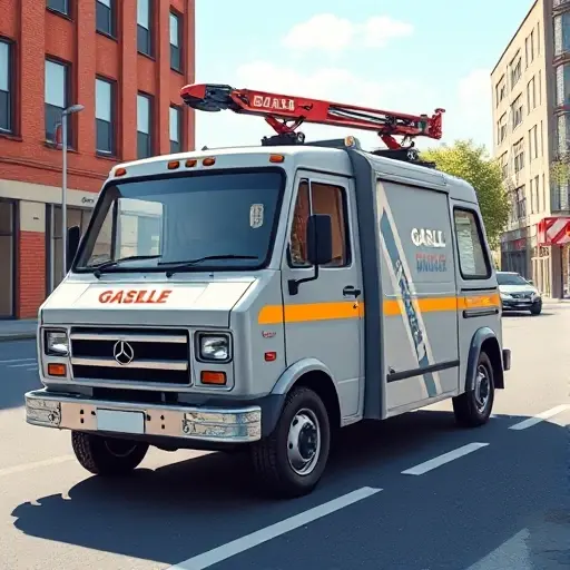 эвакуатор газель мод A compact, detailed illustration of a modified Gazelle van converted into a tow truck, featuring a hydraulic crane and winch, pulling a small car on a city street under bright daylight, realistic shading and perspective, smallHQ style