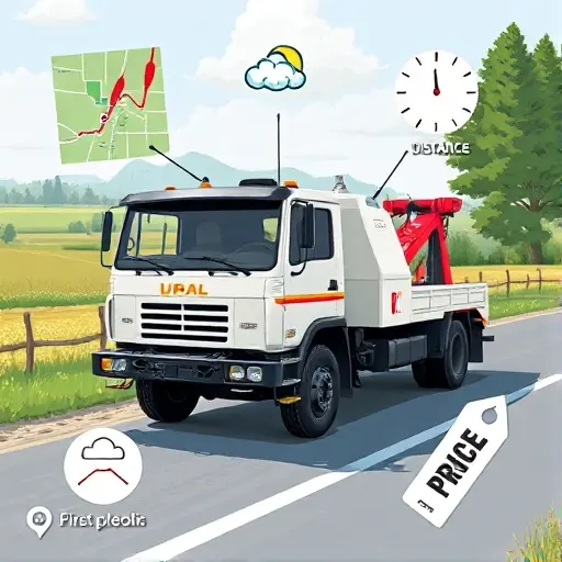A realistic illustration of a Ural brand tow truck parked on a rural road, surrounded by elements that represent factors affecting towing cost: a stylized map with distance markers, a clock showing time of day, a weather icon indicating conditions, and a price tag graphic, all depicted without any text, letters, or digits. The scene should convey the idea of distance, time, and weather influencing price, rendered in a clean, high-resolution style.