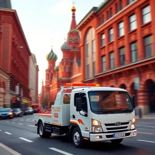 A modern tow truck driving quickly through a recognizable Moscow street scene with iconic red brick buildings and the Kremlin silhouette in the background, showing speed and affordability without any text or signage, under a clear sky