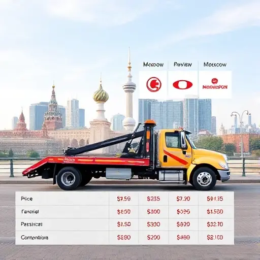 A tow truck parked in front of a recognizable Moscow skyline, with a transparent overlay of a price comparison chart showing different company logos and price tags, all depicted without any text or numbers, focusing on the visual comparison of cheap tow services in Moscow