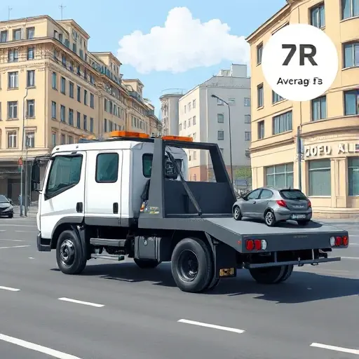 A realistic illustration of a tow truck parked on Bolshoy Volokolamskaya street in Moscow, with a clear view of the surrounding urban environment, including nearby buildings and street signage, and a subtle price tag icon indicating average rates, all without any textual elements.
